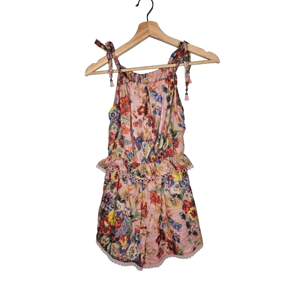 ZIMMERMANN Girls Romper Playsuit Size 8 Pink Floral Tie Shoulders Peplum Waist